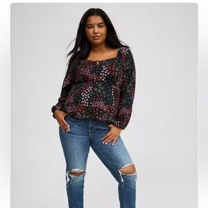 Torrid Black Floral Long Sleeve Peasant Top